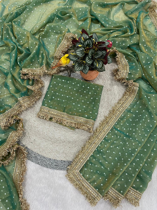 Seagreen Moss Silk With Jecquard Butti Saree With Unstitched Blouse