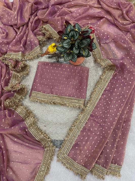 Pink Moss Silk With Jecquard Butti Saree With Unstitched Blouse