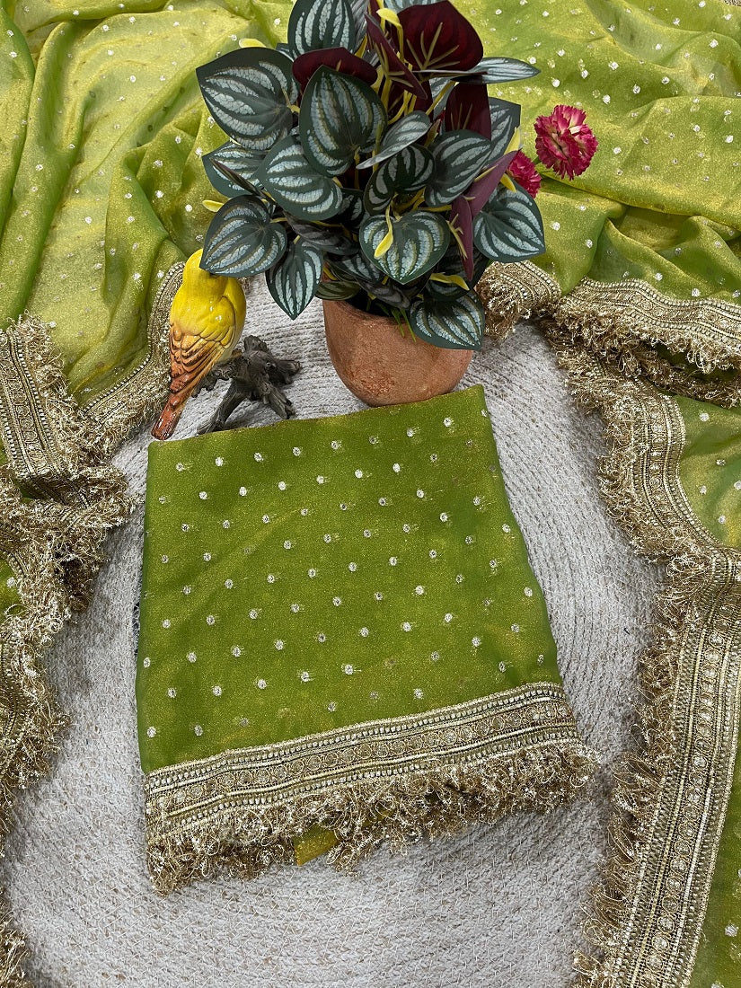 Perrot Moss Silk With Jecquard Butti Saree With Unstitched Blouse