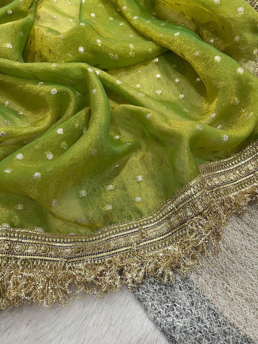 Perrot Moss Silk With Jecquard Butti Saree With Unstitched Blouse