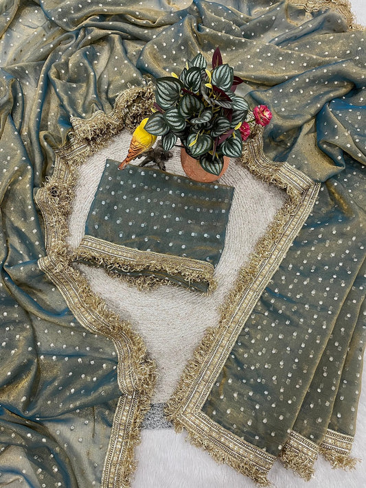 Grey Moss Silk With Jecquard Butti Saree With Unstitched Blouse