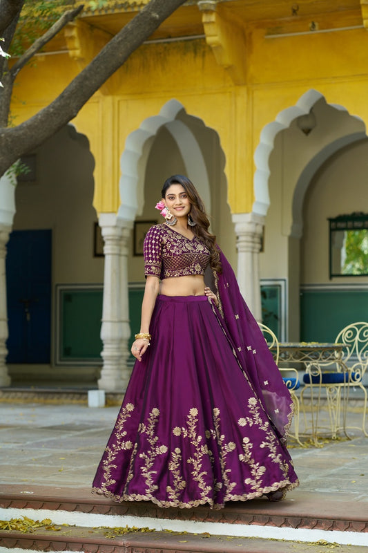 Wine Rangoli Silk Embroidered Work Wedding Lehenga Choli