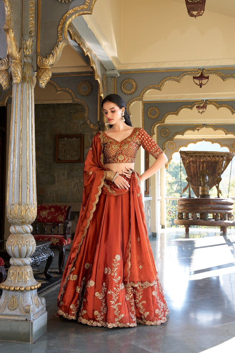 Orange Rangoli Silk Embroidered Work Wedding Lehenga Choli