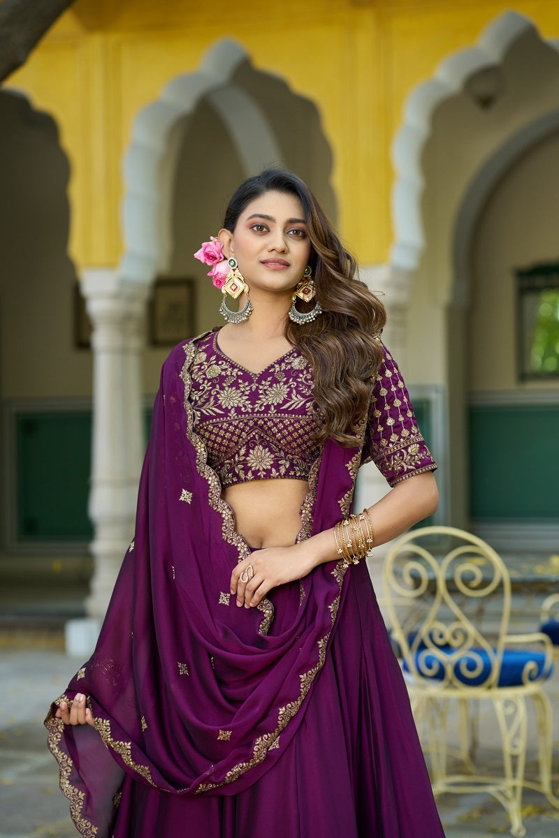 Wine Rangoli Silk Embroidered Work Wedding Lehenga Choli