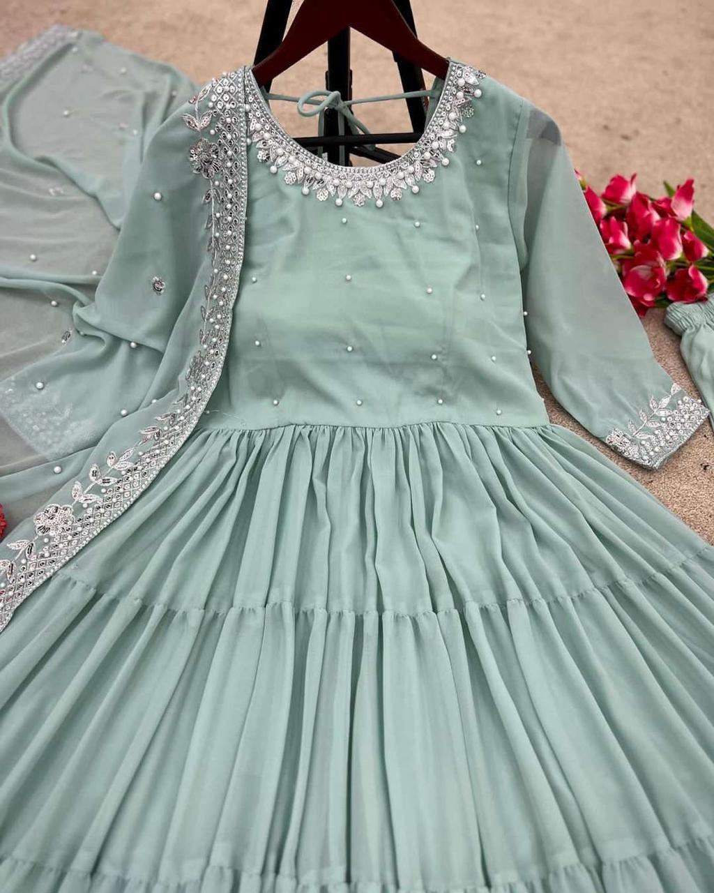 Anarkali Gowan With Duppata Set With Pent Anarkali Gowan With Emrodary