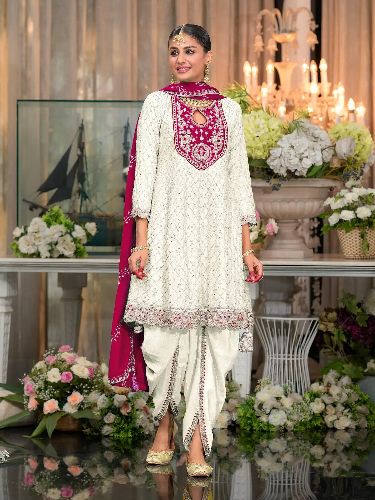 White Embroderied Silk Stitched Dhoti Suit