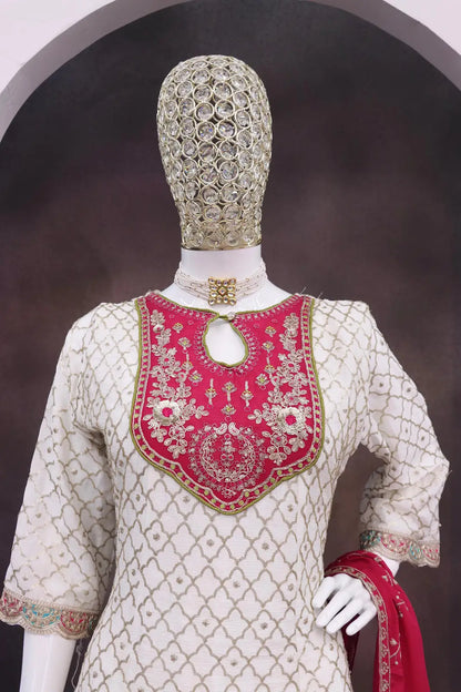 White Embroderied Silk Stitched Dhoti Suit
