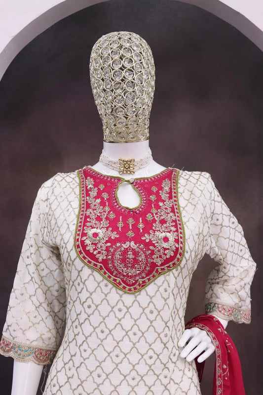 White Embroderied Silk Stitched Dhoti Suit
