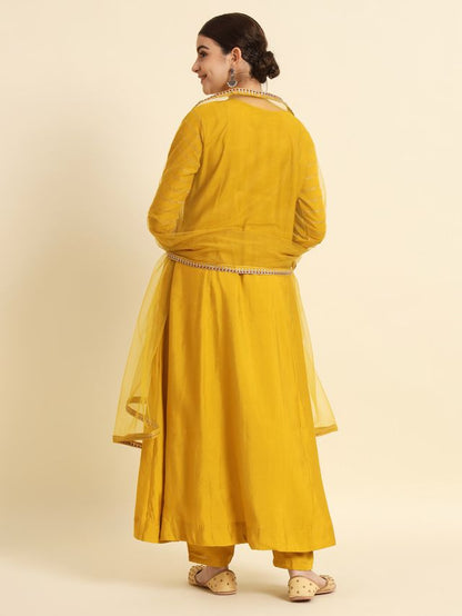 Sequence Embroidered Plating Work Mustard Yellow Pure Chanderi Silk Flare Kurta With Pant & Dupatta Set