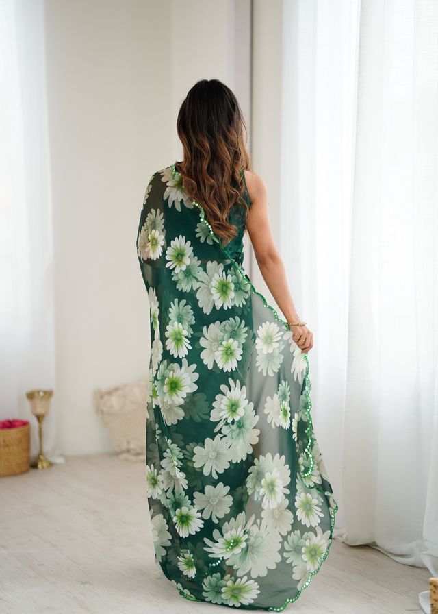 Green Color Georgette Fabric Designer Printed Bollywood Style Saree