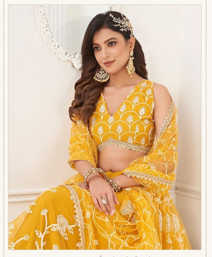 Yellow Embroidery Net A Line Lehenga With Blouse