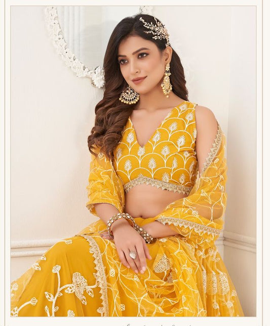 Yellow Embroidery Net A Line Lehenga With Blouse