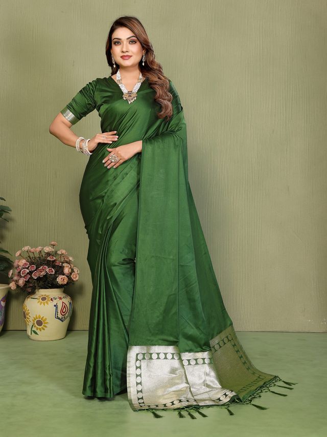 Mahendi Color Satin Silk Fabric Ethnic Woven Lagdi Pallu Designer Saree