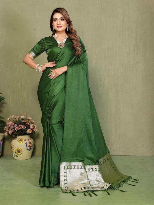 Mahendi Color Satin Silk Fabric Ethnic Woven Lagdi Pallu Designer Saree