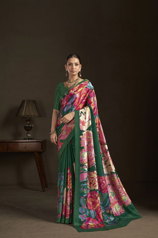 Green Color Stylish Digital Printed Silk Crepe Fabric Saree For Trendy Looks