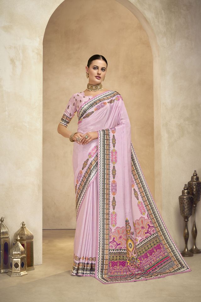 Graceful Ethnic Purple Color Bollywood Style Crepe Silk Designer Digital Foil Printed Saree
