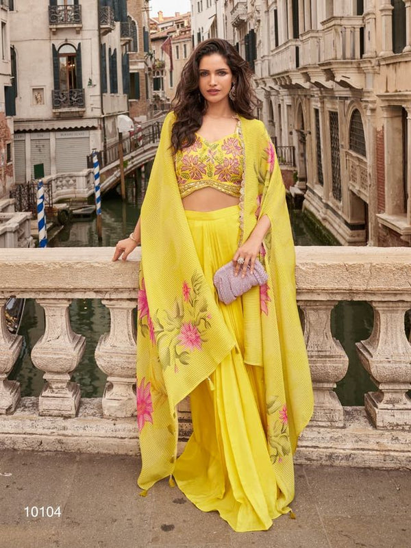 Yellow Chinon Silk Indowestern Crop Top, Skirt And Shrug Set Free Size Full Stitched Upto 42