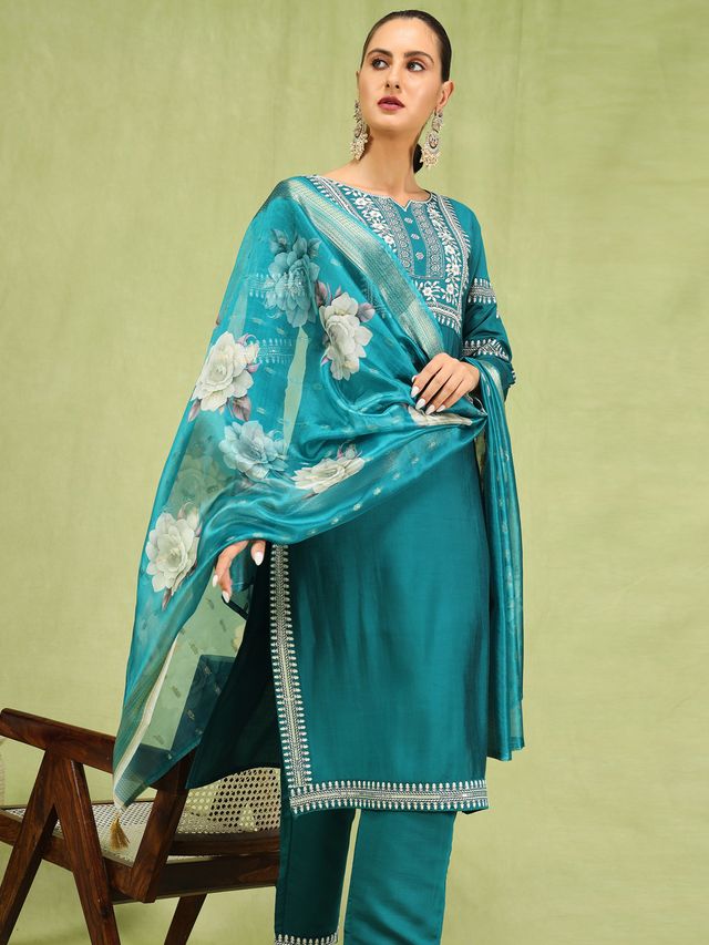 Rama Color Viscose Roman Silk Fabric Designer Embroidery Work Sophisticated Girlie Salwar Kameez