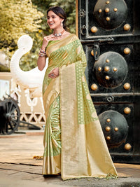 Mint Green Color Assam Silk Fabric Woven Designer Saree For Party Looks