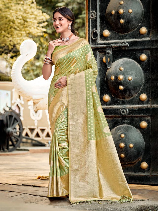 Mint Green Color Assam Silk Fabric Woven Designer Saree For Party Looks