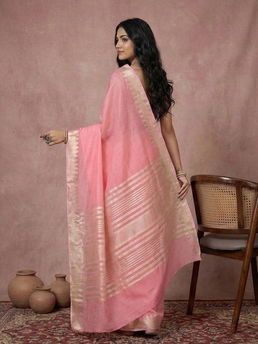 Coral Pink Color Blended Cotton Woven Designer Ceremonial Sober Looks Saree