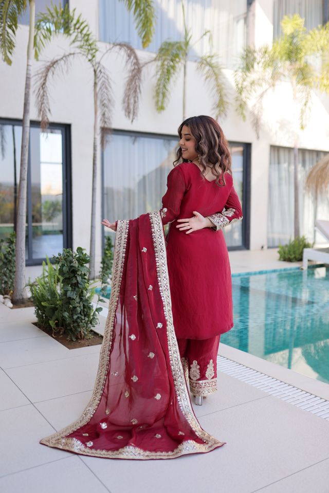 Maroon Color Beautiful Sequins Embroidered Ethnic Ceremonial Attire