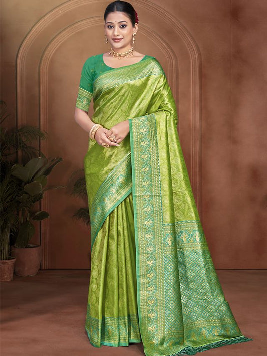 Green Color Kanjivaram Silk Fabric Woven Designer Graceful Partywear Saree