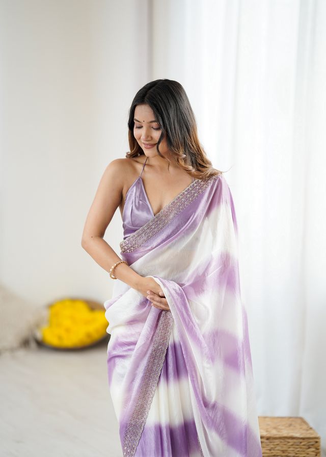 Lavender Color Beautiful Fendy Satin Fabric Saree With Glamorous Zarkan Diamond Work