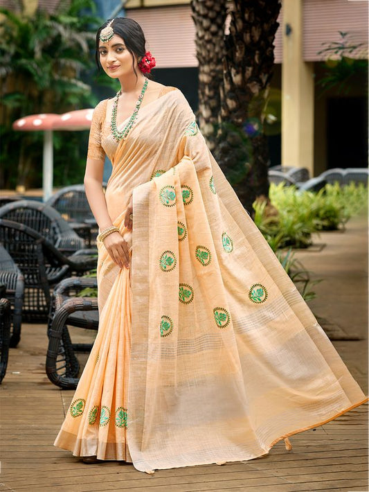 Peach Color Linen Fabric Woven Designer Saree With Floral Embroidered Work
