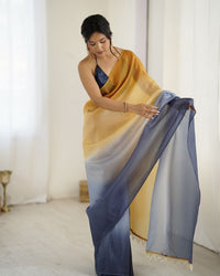 Designer Yellow-Grey Color Candy Crush Silk Fabric Stylish Pre Stitched Saree