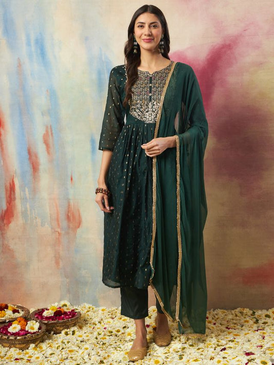 Green Color Cotton Silk Ethnic Fancy Partywear Suit With Classy Looks