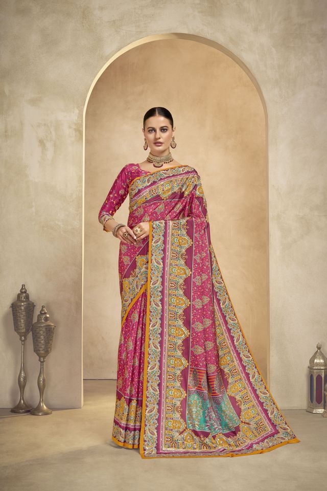 Graceful Ethnic Maroon Color Bollywood Style Crepe Silk Designer Digital Foil Printed Saree