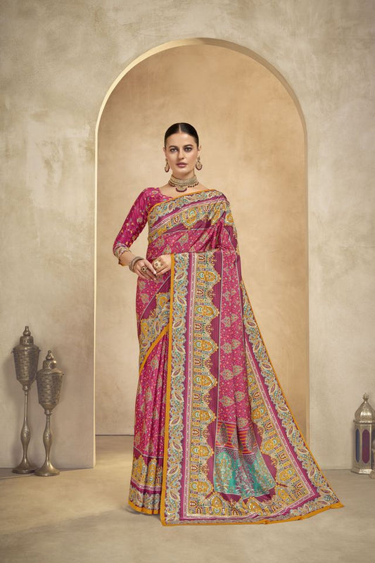Graceful Ethnic Maroon Color Bollywood Style Crepe Silk Designer Digital Foil Printed Saree