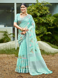Aqua Blue Color Beautiful Rich Looks Designer Linen Fabric Ceremonial Saree