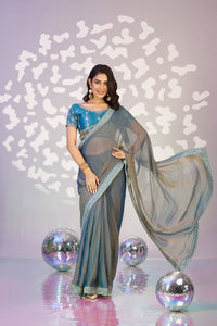 Grey Color Ethnic Embroidered Moss Chiffon Fabric Girlie Partywear Saree