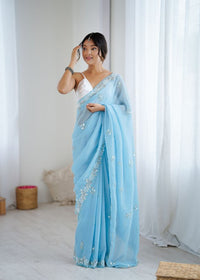 Sky Blue Color Chiffon Crush Fabric Heavy Designer Work Partywear Saree