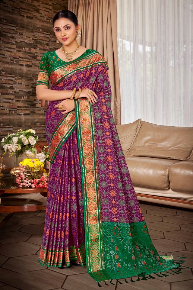 Purple Color Ethnic Patola Silk Fabric Beautiful Festive Saree