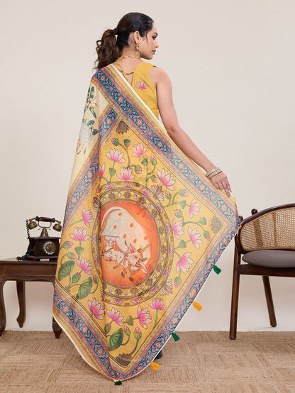 Yellow Color Linen Silk Fabric Beautiful Partywear Saree