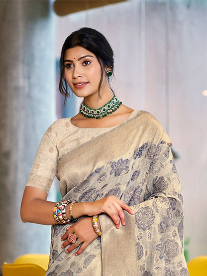 Light Grey Color Cotton Silk Fabric Woven Designer Ceremonial Saree