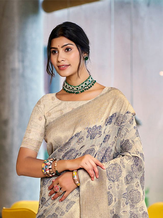 Light Grey Color Cotton Silk Fabric Woven Designer Ceremonial Saree