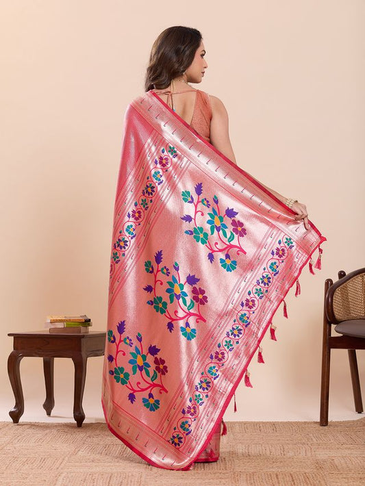 Pink Color Beautiful Soft Silk Fabric Woven Designer Saree