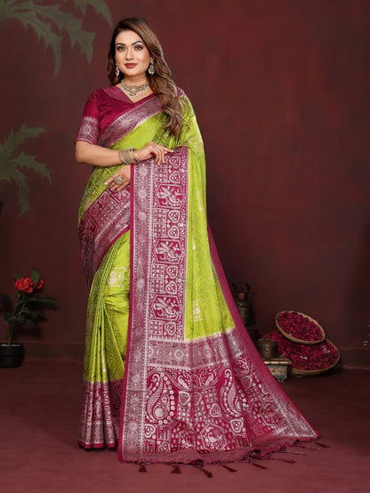 Mahendi Color Satin Silk Fabric Woven Jari Designer Graceful Partywear Saree