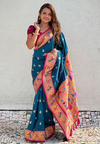 Teal Color Soft Silk Fabric Woven Meenakari Designer Ethnic Partywear Saree