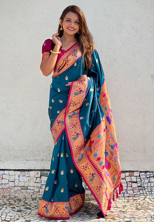 Teal Color Soft Silk Fabric Woven Meenakari Designer Ethnic Partywear Saree