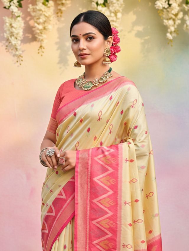 Cream Color Soft Silk Woven Designer Graceful Ethnic Partywear Saree
