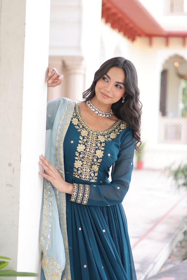 Teal Blue Color Beautiful Ceremonial Faux Georgette Fabric Gown For Party Looks