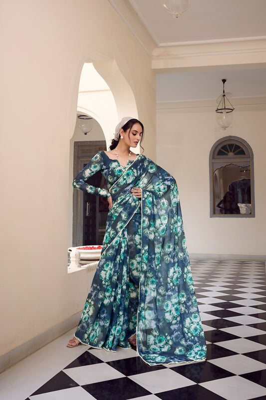 Teal Color Georgette Fabric Beautiful Floral Printed Saree