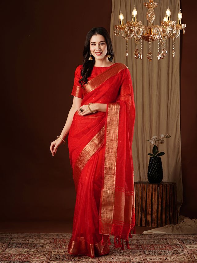 Red Color Girlie Organza Fabric Woven Jacquard Designer Saree
