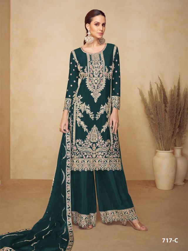 Bottle Green Chinon Semi stitched Wedding Suits