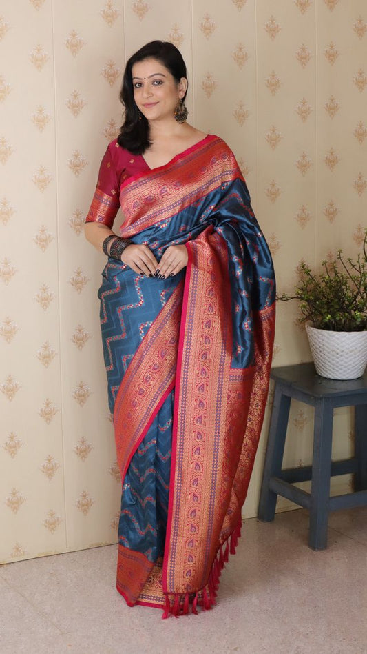 Blue Color Banarasi Silk Fabric Woven Designer Traditional Saree